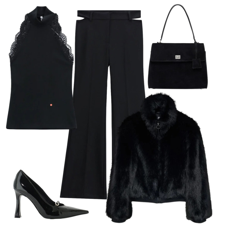 Outfit donna - Total Black. Stile Casual chic per Serata fuori. look ideale per Petite. Abbinamento con bomber, décolleté, top, pantaloni, borse a mano.