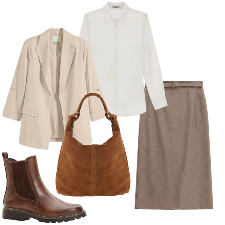 Outfit donna - Total look #2478428. Stile Minimal per Tutti i giorni. Abbinamento con stivaletti, blazer, gonne longuette, borse a spalla, camicie.