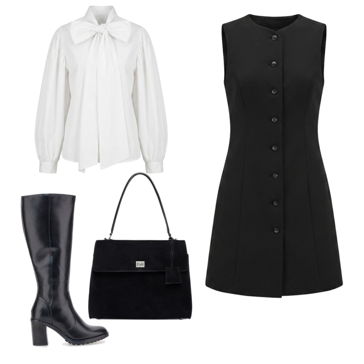 Outfit donna - Cenetta. Stile Chic per Serata fuori. Abbinamento con vestiti corti, camicie, borse a mano, stivali sopra il ginocchio.