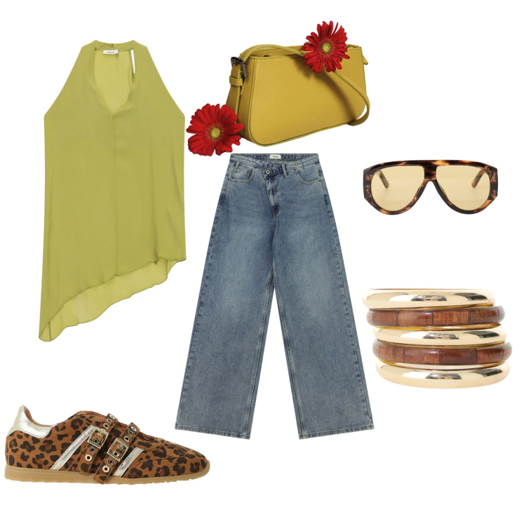 Outfit donna - Primavera d\'autunno. Stile Casual per Tutti i giorni. Abbinamento con occhiali da sole, sneakers, jeans, borse a spalla, braccialetti, top.