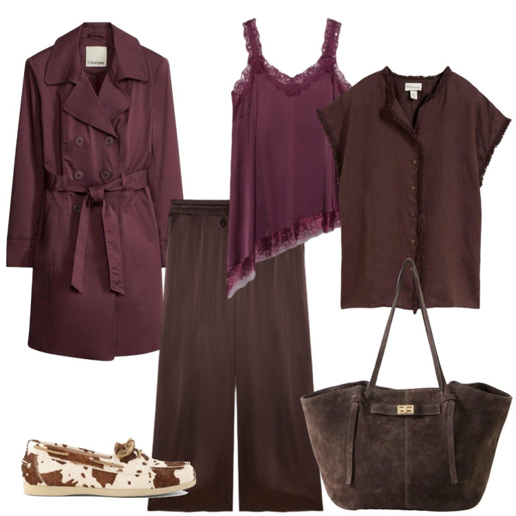 Outfit donna - chocolate mania. Stile Casual chic per Ufficio. Abbinamento con top, pantaloni, mocassini, tuniche, trench, shopping bag.