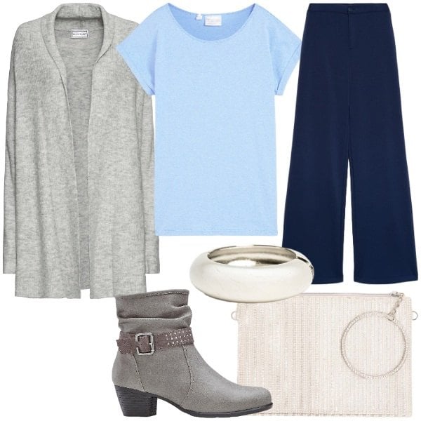Outfit donna - Pantalone palazzo e seta. Stile Glamour per Tutti i giorni. Abbinamento con stivaletti, maglieria, cardigans, pantaloni a palazzo, braccialetti, pochette.