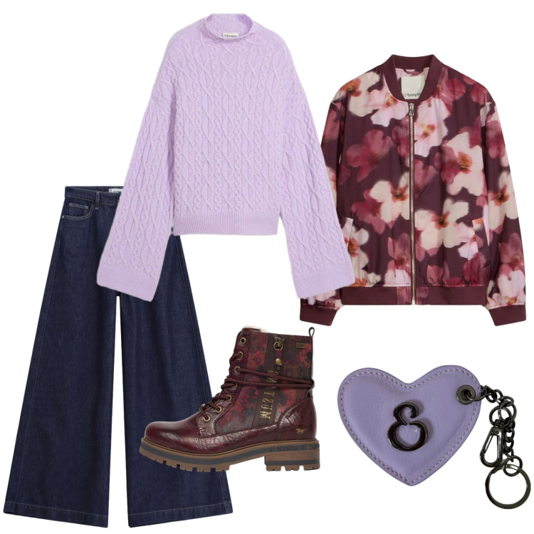 Outfit donna - Un delicato pullover lilla. Stile Casual per Tutti i giorni. Abbinamento con maglieria, bomber, stivaletti, jeans, portachiavi.
