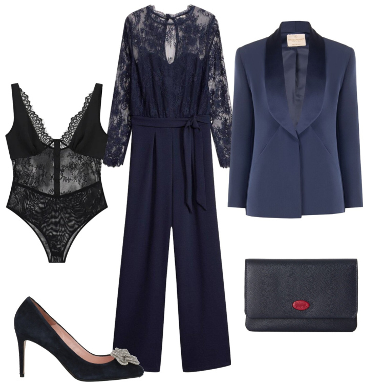 Outfit donna - Invitata ad un matrimonio. Stile Chic per Cerimonia. Abbinamento con décolleté, tute, portafogli, body, blazer.