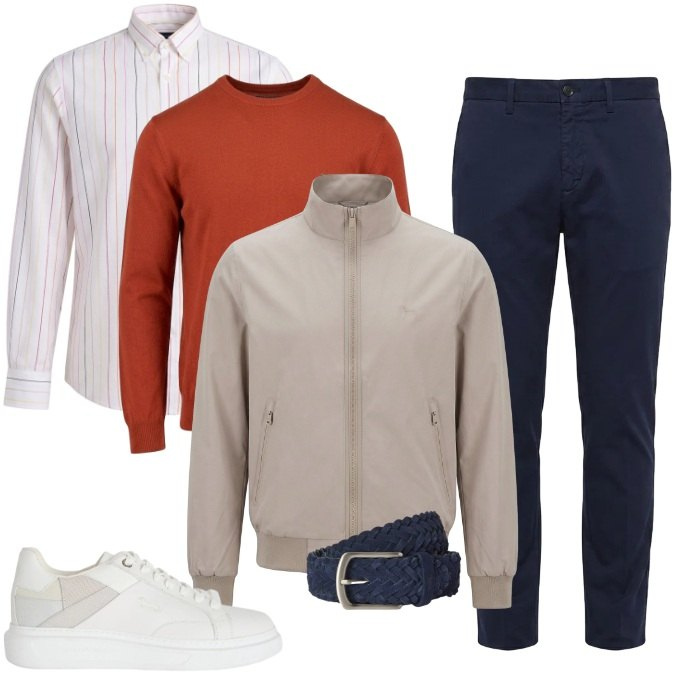 Outfit uomo - Giovedì Comfort. Stile Business/Elegante per Ufficio. Abbinamento con maglieria, cinture, sneakers, camicie, bomber, pantaloni chino.
