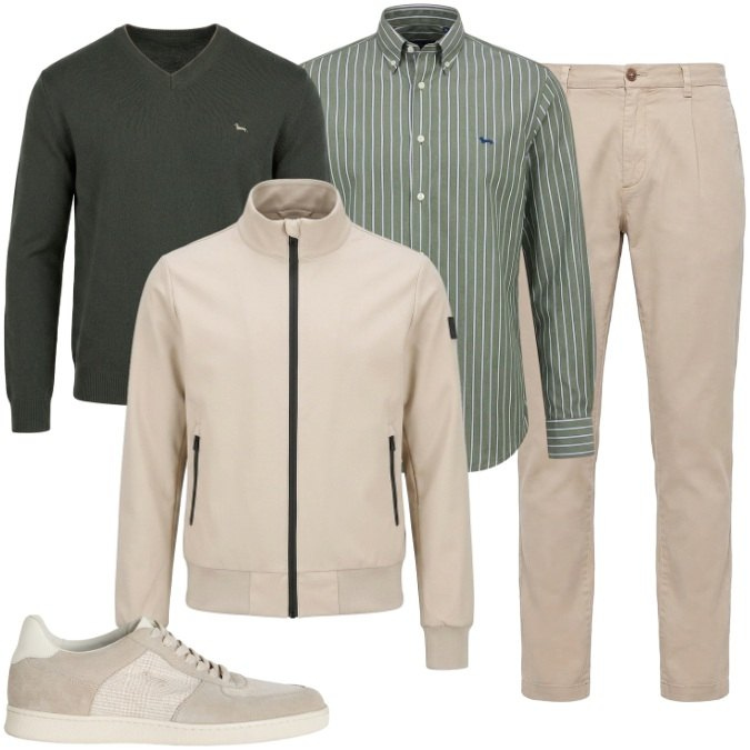 Outfit uomo - Casual Friday; Oliva&Beige. Stile Casual per Ufficio. Abbinamento con camicie, maglieria, sneakers, pantaloni, bomber.
