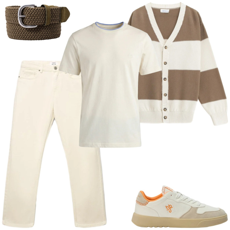 Outfit uomo - Il cardigan dal tocco retrò. Stile Casual per Tutti i giorni. Abbinamento con sneakers, t-shirt, cardigans, cinture, jeans dritti.
