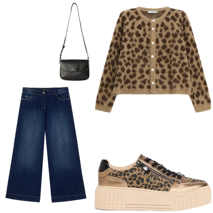 Outfit donna - Casual animalier. Stile Casual per Tutti i giorni. Abbinamento con sneakers, borse a tracolla, cardigans, jeans.
