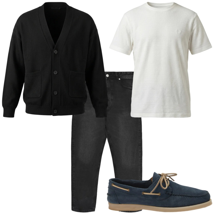 Outfit uomo - Total look #2478474. Stile Casual per Tutti i giorni. Abbinamento con t-shirt, scarpe stringate, cardigans, jeans.