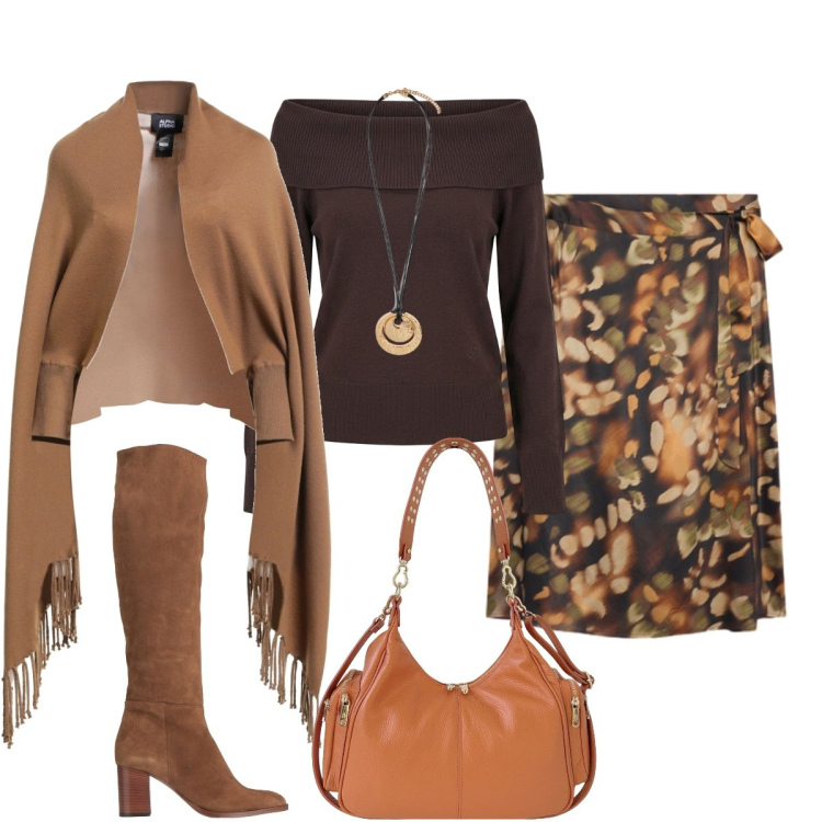 Outfit donna - In città. Stile Glamour per Tutti i giorni. Abbinamento con cappe, stivali, maglieria, gonne longuette, ciondoli, borse a spalla.