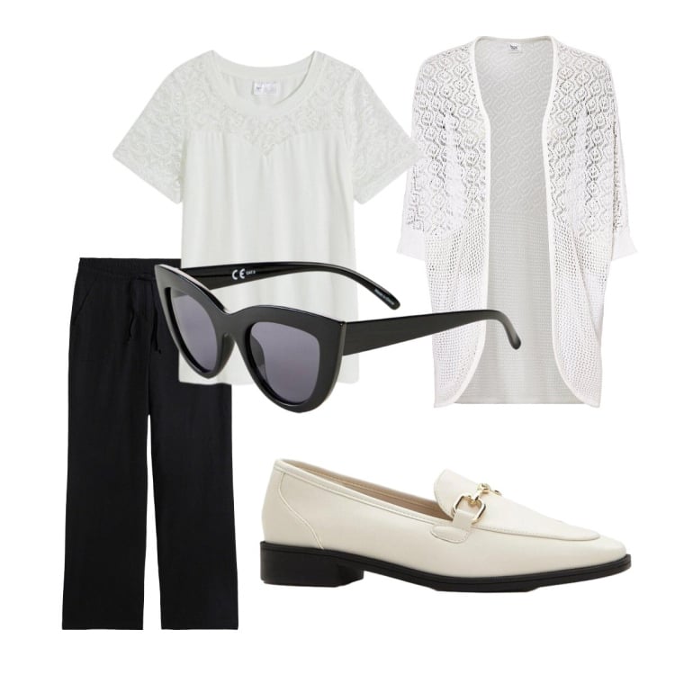 Outfit donna - Black and white in città. Stile Trendy per Tutti i giorni. Abbinamento con cardigans, pantaloni a palazzo, mocassini, t-shirt, occhiali da sole.