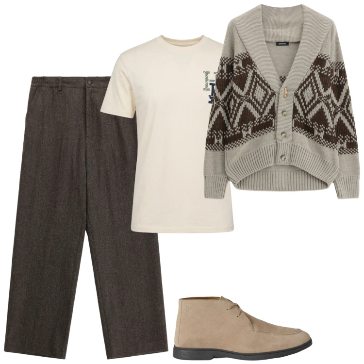 Outfit uomo - Total look #2478484. Stile Casual per Tutti i giorni. Abbinamento con stivali e stivaletti, t-shirt, cardigans, pantaloni.