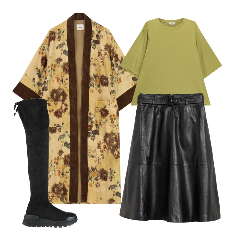 Outfit donna - Oggi mi vesto così curvy. Stile Trendy per Serata fuori. Abbinamento con stivali sopra il ginocchio, gonne, t-shirt, kimono.