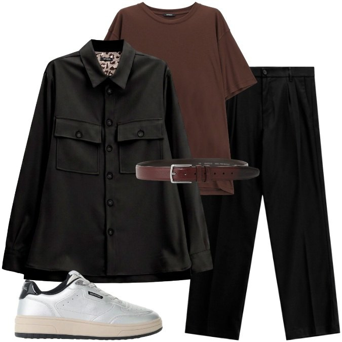 Outfit uomo - Minimalismo della domenica. Stile Trendy per Serata speciale. Abbinamento con pantaloni, t-shirt, sneakers, cinture, cappotti.