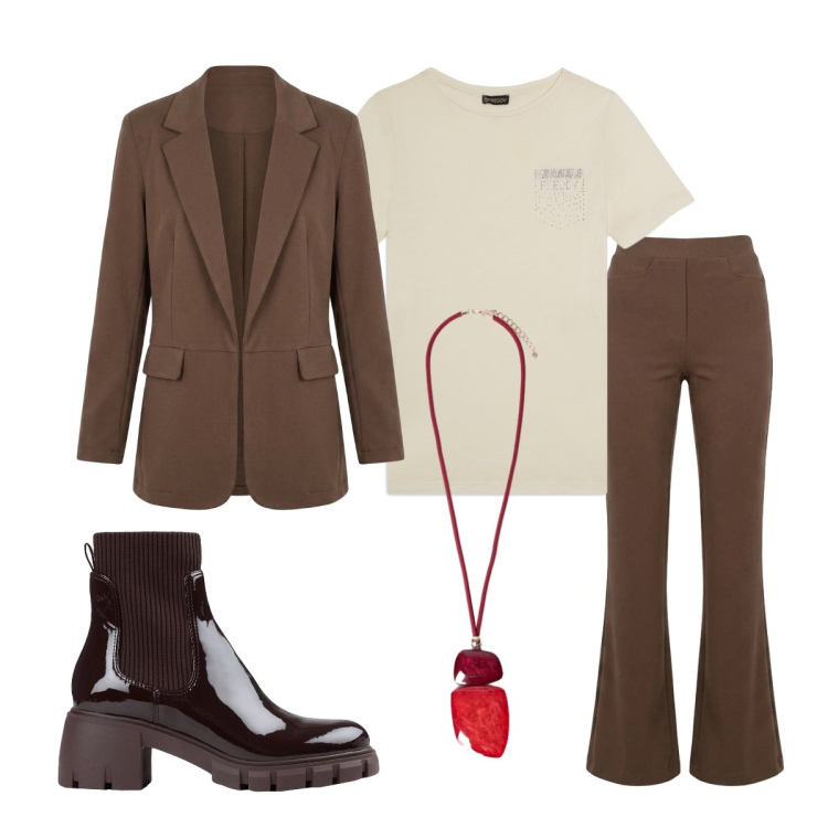 Outfit donna - Mary bilancina. Stile Mannish per Tutti i giorni. Abbinamento con stivaletti, t-shirt, ciondoli, blazer, pantaloni.