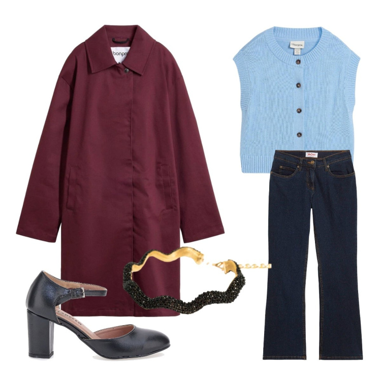 Outfit donna - Mary con diversi colori. Stile Trendy per Ufficio. Abbinamento con jeans bootcut, maglieria, trench, collane, décolleté.