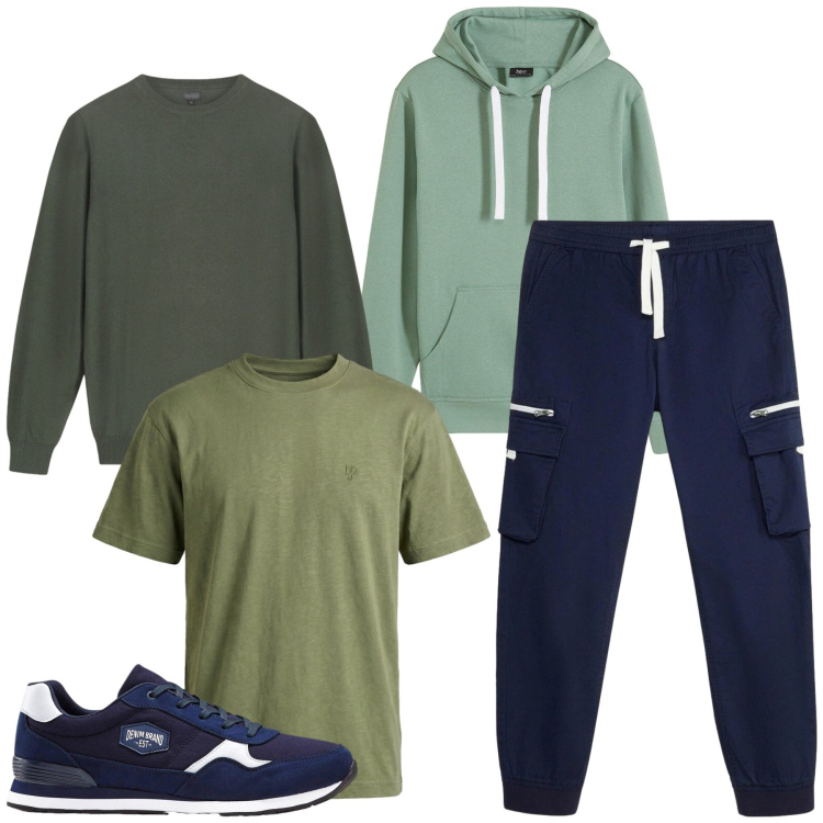 Outfit uomo - Total look #2478505. Stile Casual per Sport. Abbinamento con t-shirt, maglieria, sneakers, felpe con cappuccio, pantaloni.