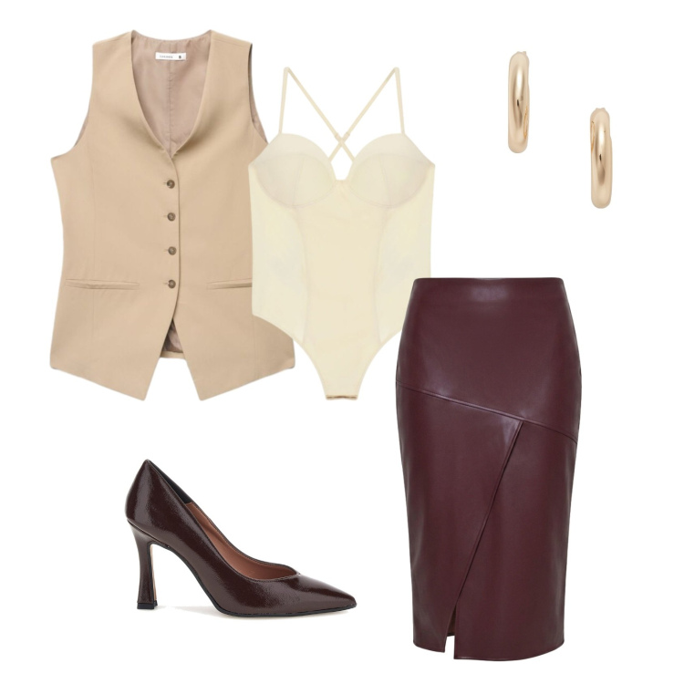 Outfit donna - Armonia in Beige & Bordeaux. Stile Chic per Serata fuori. Abbinamento con gilet, body, gonne longuette, orecchini, décolleté.