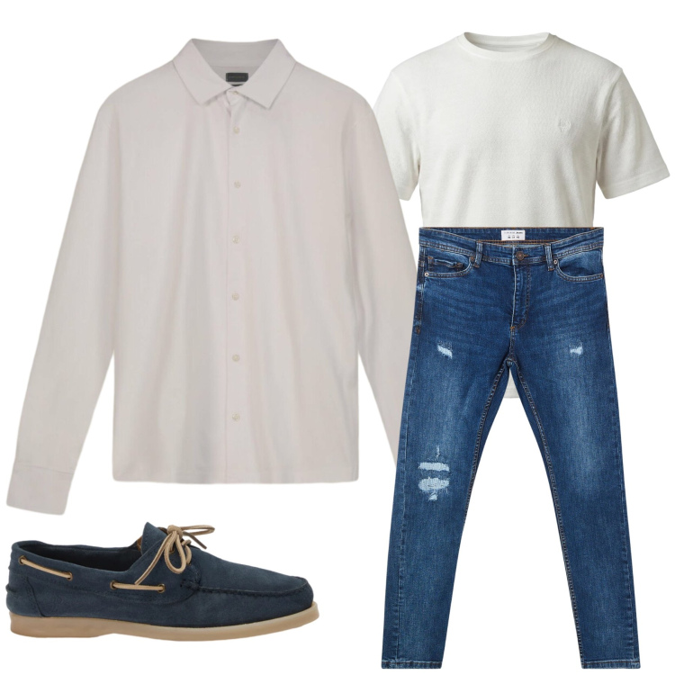 Outfit uomo - Total look #2478510. Stile Casual per Tutti i giorni. Abbinamento con scarpe stringate, t-shirt, polo, jeans strappati.