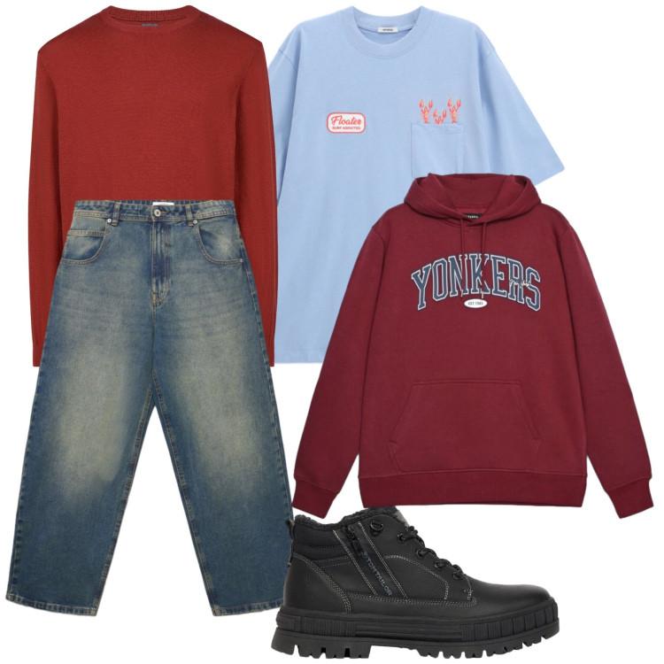 Outfit uomo - Total look #2478512. Stile Casual per Tutti i giorni. Abbinamento con t-shirt, maglieria, jeans, felpe con cappuccio, stivali e stivaletti.