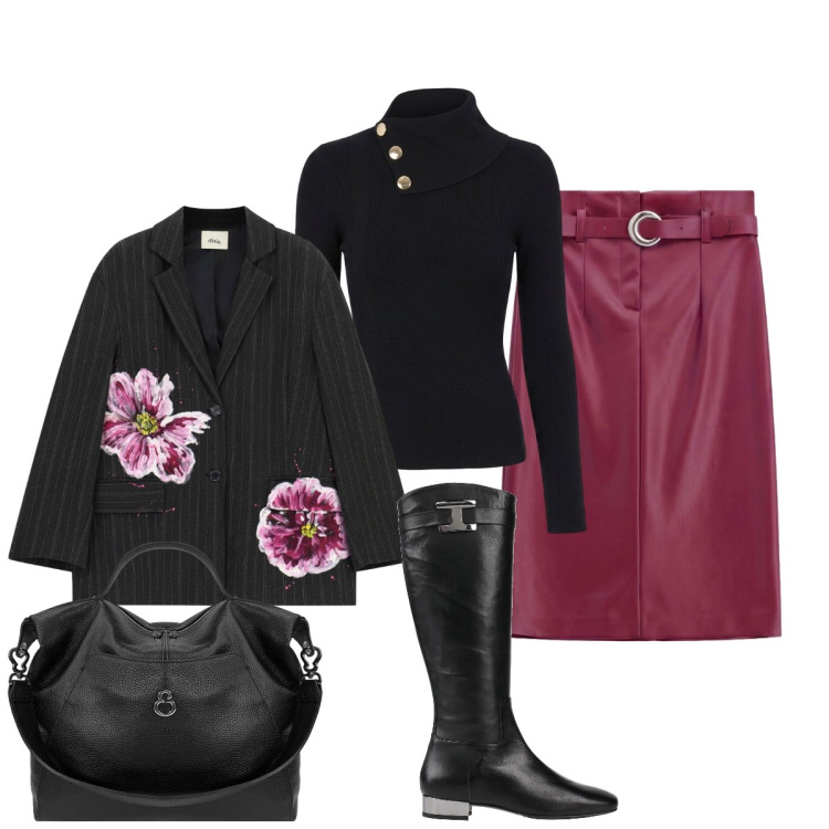 Outfit donna - In città. Stile Glamour per Tutti i giorni. Abbinamento con stivali, gonne longuette, blazer, maglieria, borse a spalla.