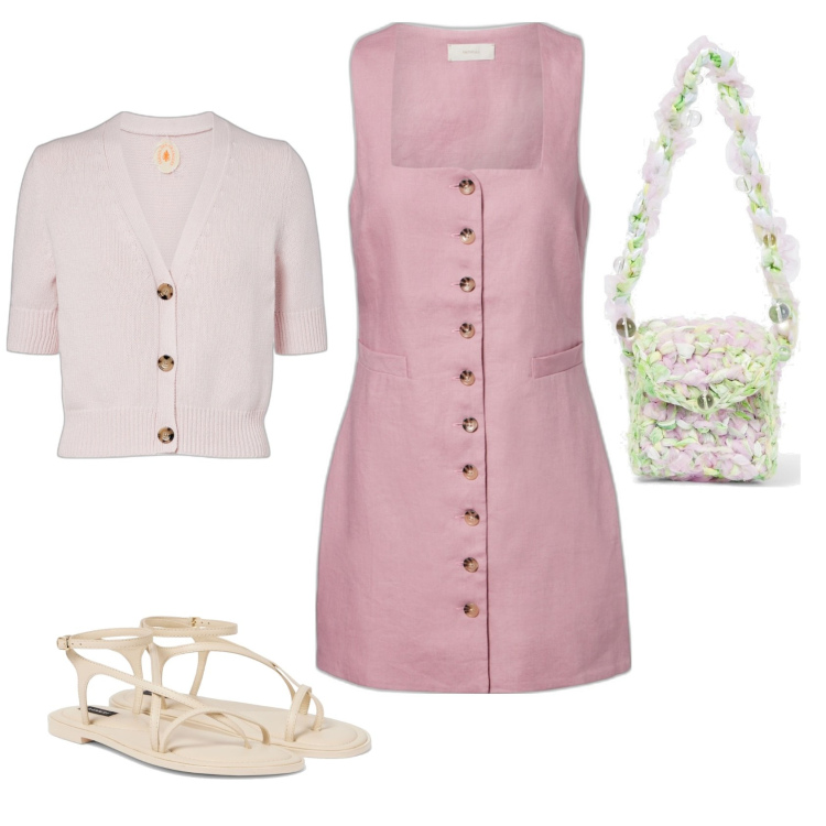 Outfit femme - Robe lin. Style Bon Ton pour Tous les jours. Assortir avec sacs en bandoulière, gilets, sandales en cuir, robes.