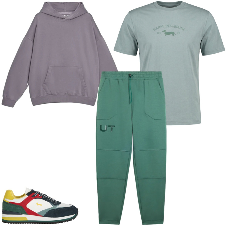 Outfit uomo - Total look #2478523. Stile Urban per Tutti i giorni. Abbinamento con sneakers, t-shirt, pantaloni, felpe con cappuccio.