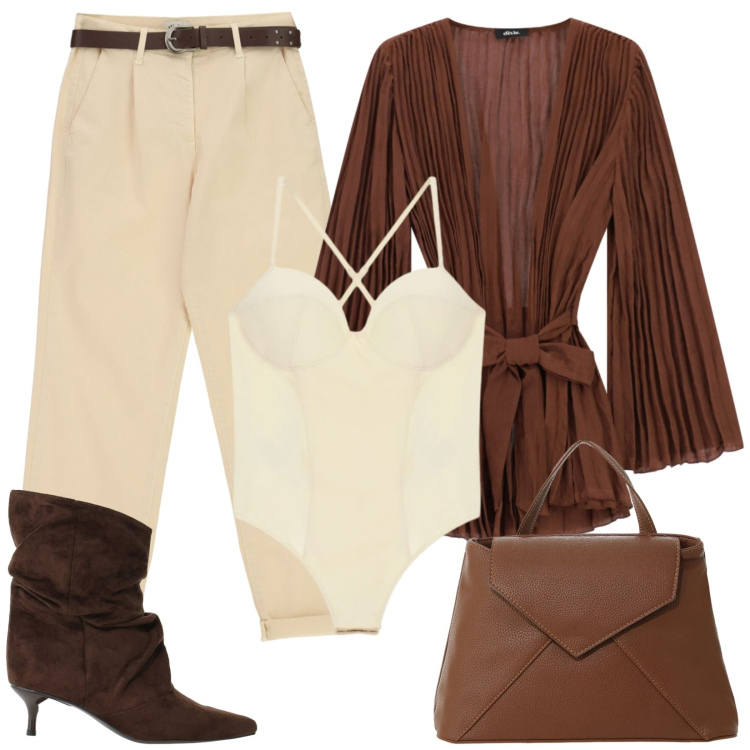Outfit donna - Dettagli dal fascino retrò. Stile Vintage retrò per Serata fuori. Abbinamento con body, borse a mano, stivali, kimono, pantaloni.