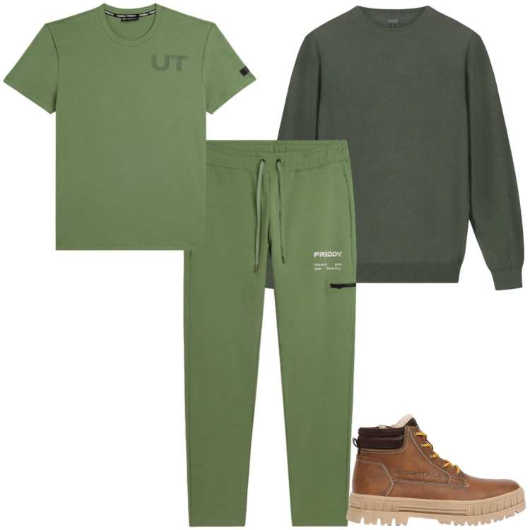 Outfit uomo - Total look #2478529. Stile Trendy per Tutti i giorni. Abbinamento con maglieria, t-shirt, pantaloni, stivali e stivaletti.