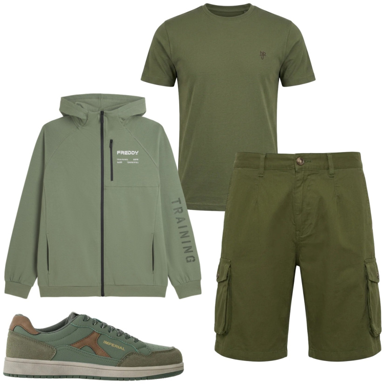 Outfit uomo - Total look #2478531. Stile Trendy per Tutti i giorni. Abbinamento con t-shirt, bermuda, sneakers, felpe con cappuccio.