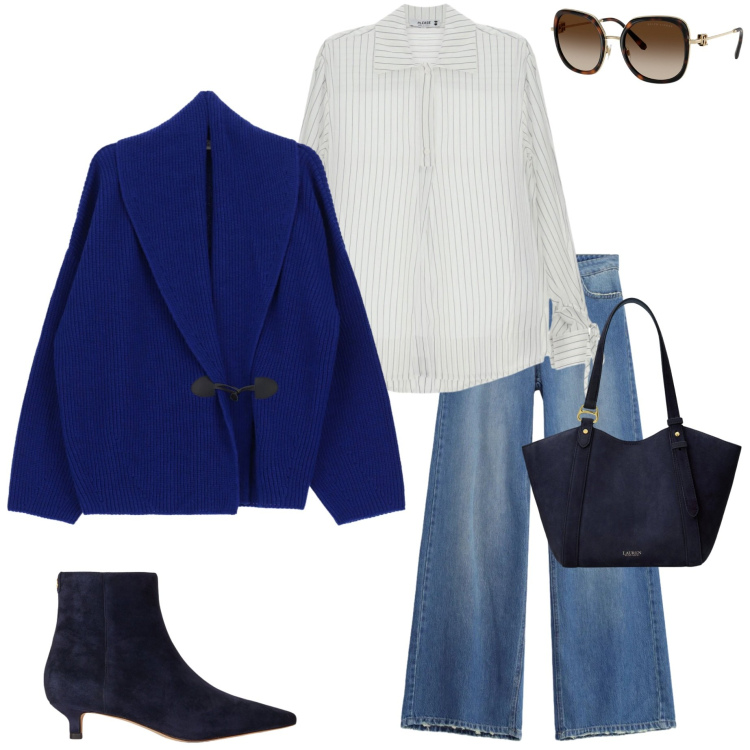 Outfit donna - Io ... Bilancia. Stile Casual chic per Ufficio. Abbinamento con jeans dritti, camicie, cardigans, borse tote, occhiali da sole, stivaletti.