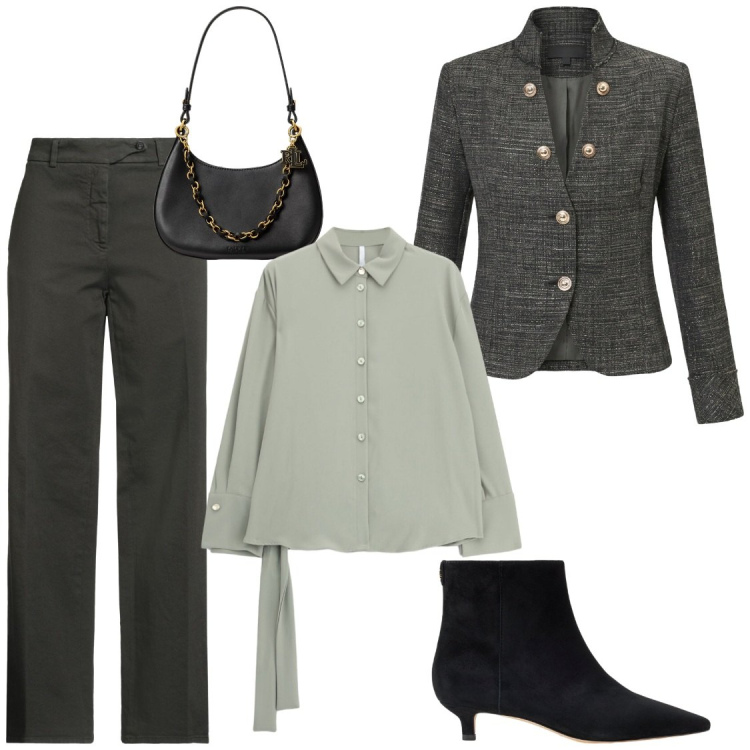 Outfit donna - In autunno. Stile Chic per Ufficio. Abbinamento con jeans dritti, camicie, blazer, borse a spalla, stivaletti.