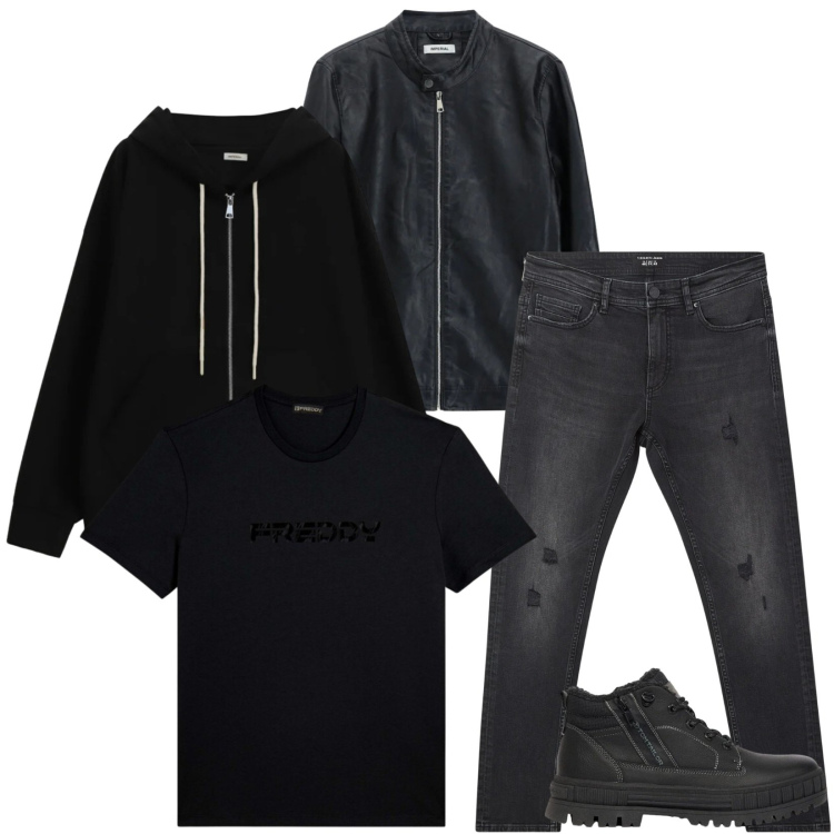 Outfit uomo - Total look #2478545. Stile Trendy per Tutti i giorni. Abbinamento con giacche, felpe con cappuccio, t-shirt, jeans strappati, stivali e stivaletti.