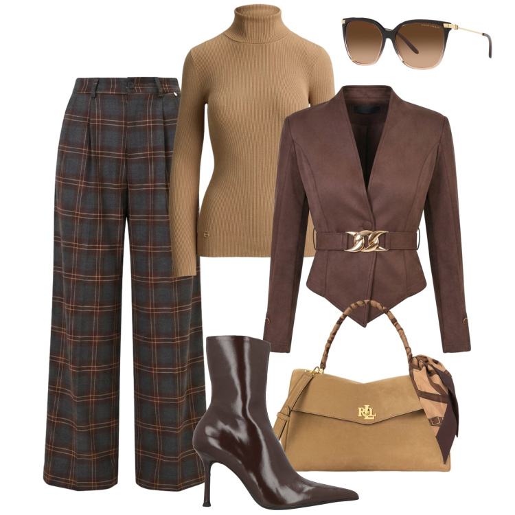 Outfit donna - Equilibrio chic H24. Stile Glamour per Tutti i giorni. Abbinamento con stivaletti, pantaloni a palazzo, blazer, borse a mano, occhiali da sole, t-shirt.