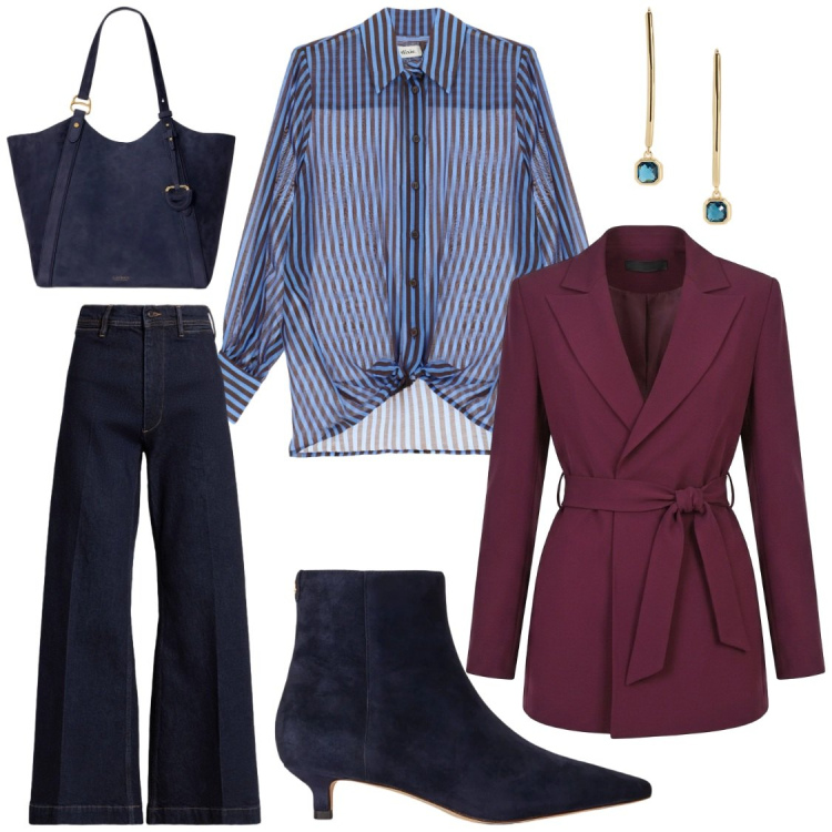 Outfit donna - Camicie comode , jeans e giacca. Stile Chic per Ufficio. Abbinamento con camicie, blazer, borse tote, jeans, stivaletti, orecchini.