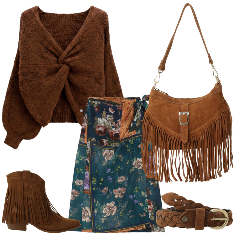 Outfit donna - Please- FW26 Country. Stile Etnico per Tutti i giorni. Abbinamento con stivaletti texani, borse a spalla, cinture, gonne longuette, maglieria.
