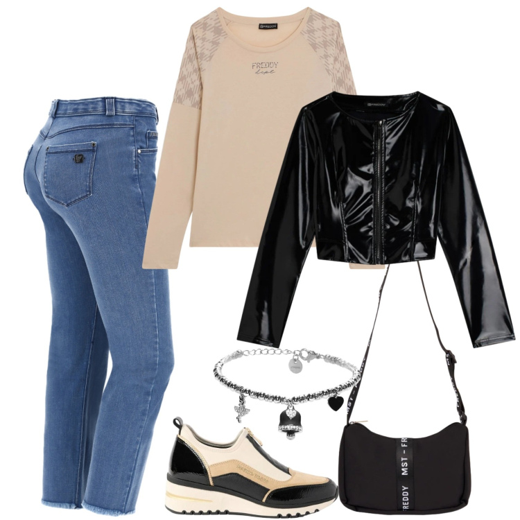 Outfit donna - Sporty-chic Freddy. Stile Sporty chic per Tutti i giorni. Abbinamento con sneakers, borse a tracolla, jeans, braccialetti, t-shirt, giacche.