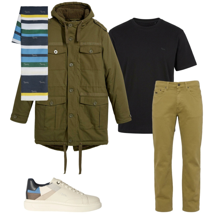 Outfit uomo - Total look #2478565. Stile Urban per Tutti i giorni. Abbinamento con sneakers, jeans, t-shirt, sciarpe, parka.