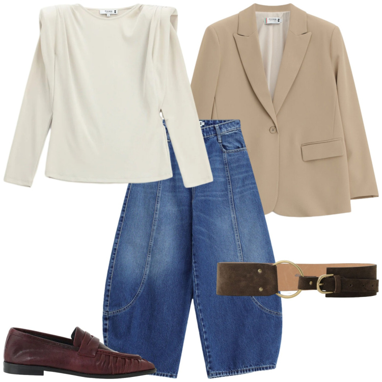 Outfit donna - Please - FW26 Trendy. Stile Trendy per Tutti i giorni. Abbinamento con mocassini, cinture, blazer, jeans, t-shirt.