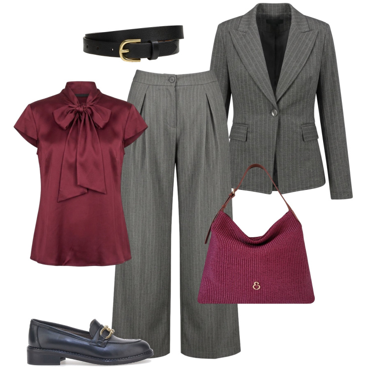 Outfit donna - Rigore e armonia in gessato. Stile Chic per Ufficio. Abbinamento con cinture, borse a spalla, camicie, pantaloni a palazzo, blazer, mocassini.