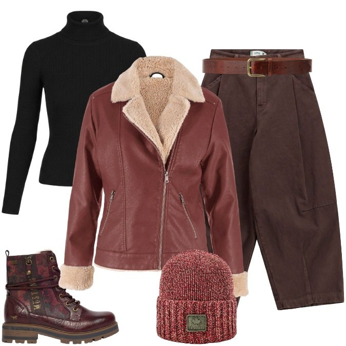 Outfit donna - Weekend Vibes in Burgundy & Chocolate. Stile Urban per Tutti i giorni. Abbinamento con bomber, stivaletti, cinture, pullovers, pantaloni, berretti.
