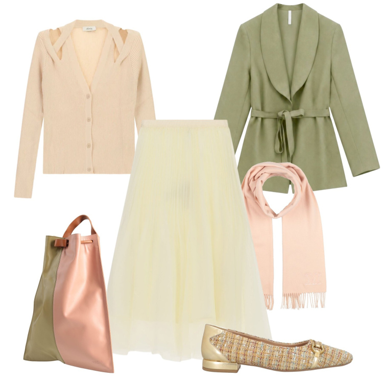 Outfit donna - Morbidezza romantica. Stile Romantica per Tutti i giorni. Abbinamento con sciarpe, zaini, ballerine, blazer, gonne longuette, cardigans.