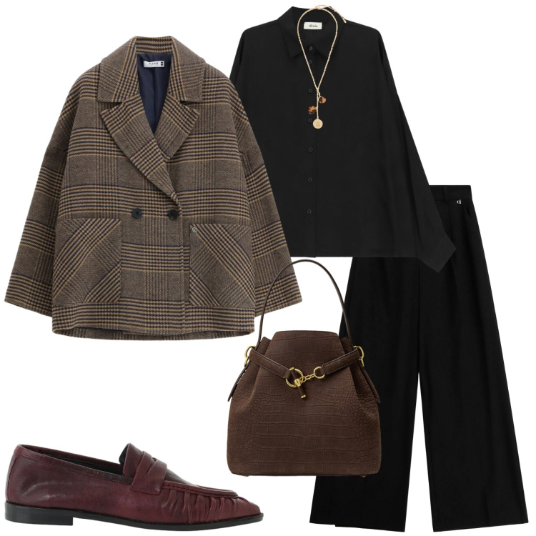 Outfit donna - Io ....bilancia. Stile Casual chic per Tutti i giorni. Abbinamento con blazer, pantaloni a palazzo, mocassini, camicie, collane, borse a secchiello.