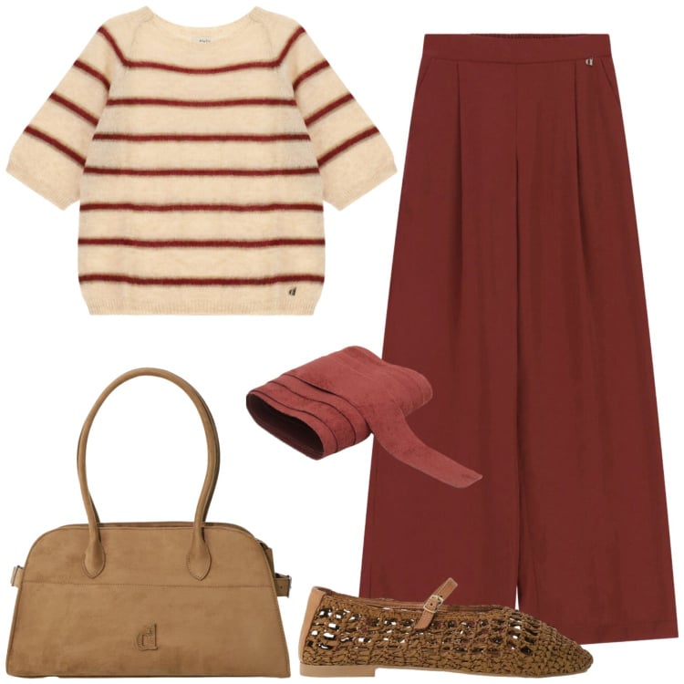 Outfit donna - Fall by Dixie. Stile Casual chic per Tutti i giorni. Abbinamento con cinture, borse a spalla, maglieria, ballerine, pantaloni a palazzo.