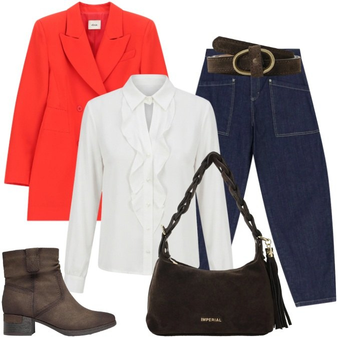 Outfit donna - Volant e Denim: il Sabato Perfetto. Stile Casual chic per Serata fuori. Abbinamento con stivaletti, borse a spalla, jeans, cinture, vestiti corti, camicie.
