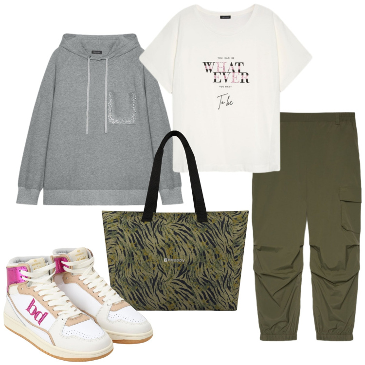 Outfit donna - Total look #2478592. Stile Basic per Tutti i giorni. Abbinamento con shopping bag, sneakers alte, pantaloni cargo, felpe, t-shirt.