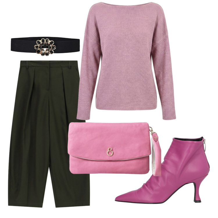 Outfit donna - Total look #2478593. Stile Rock per Serata fuori. Abbinamento con stivaletti, pantaloni, cinture, maglieria, pochette.