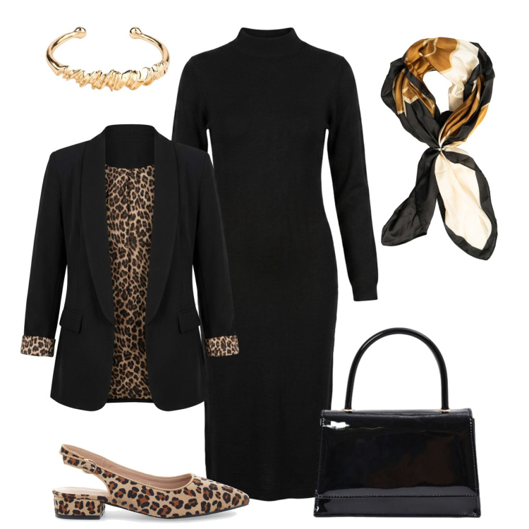 Outfit donna - Classico inaspettato in città. Stile Trendy per Tutti i giorni. Abbinamento con braccialetti, borse a mano, vestiti midi/longuette, foulard, blazer, ballerine.