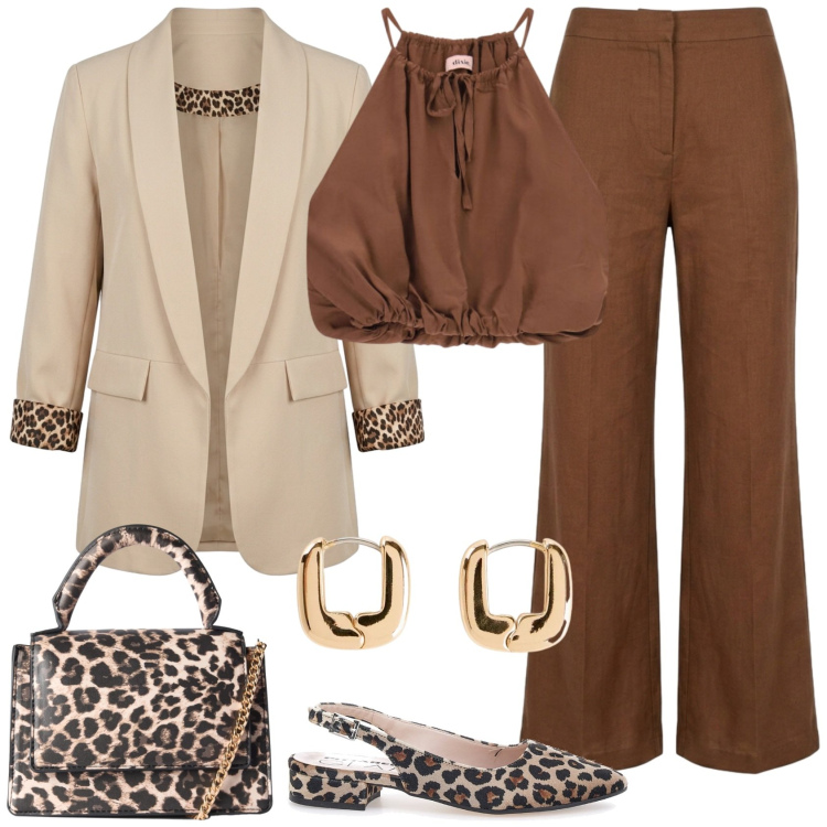 Outfit donna - Una bilancia audace. Stile Casual chic per Serata fuori. Abbinamento con orecchini, borse a tracolla, top, pantaloni, blazer, décolleté.