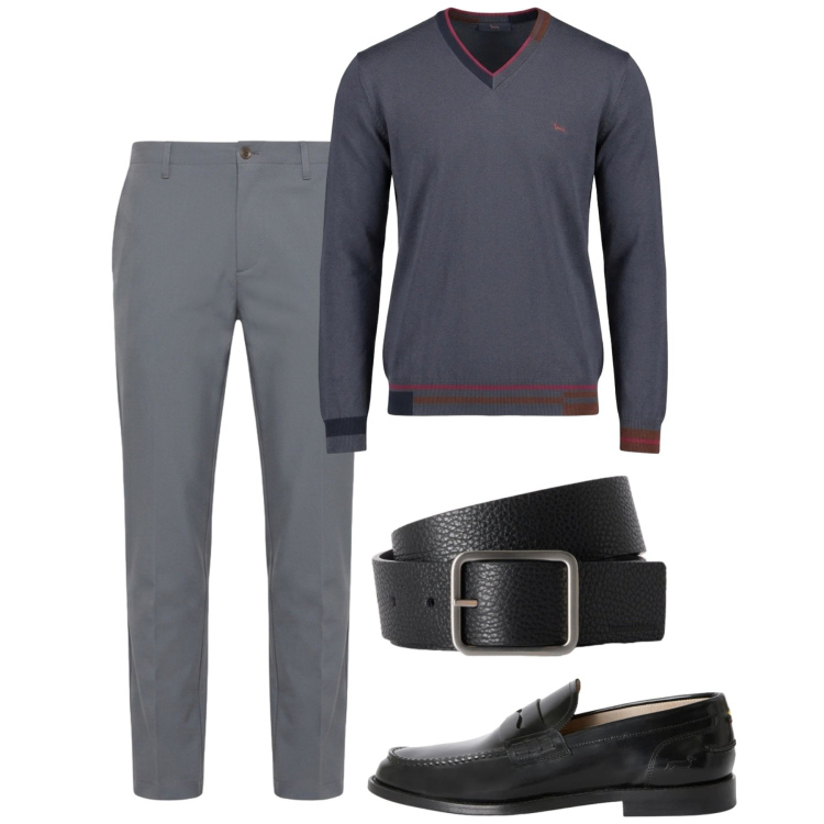 Outfit uomo - Settembre. Stile Casual per Tutti i giorni. Abbinamento con cinture, pantaloni, maglieria, scarpe stringate.